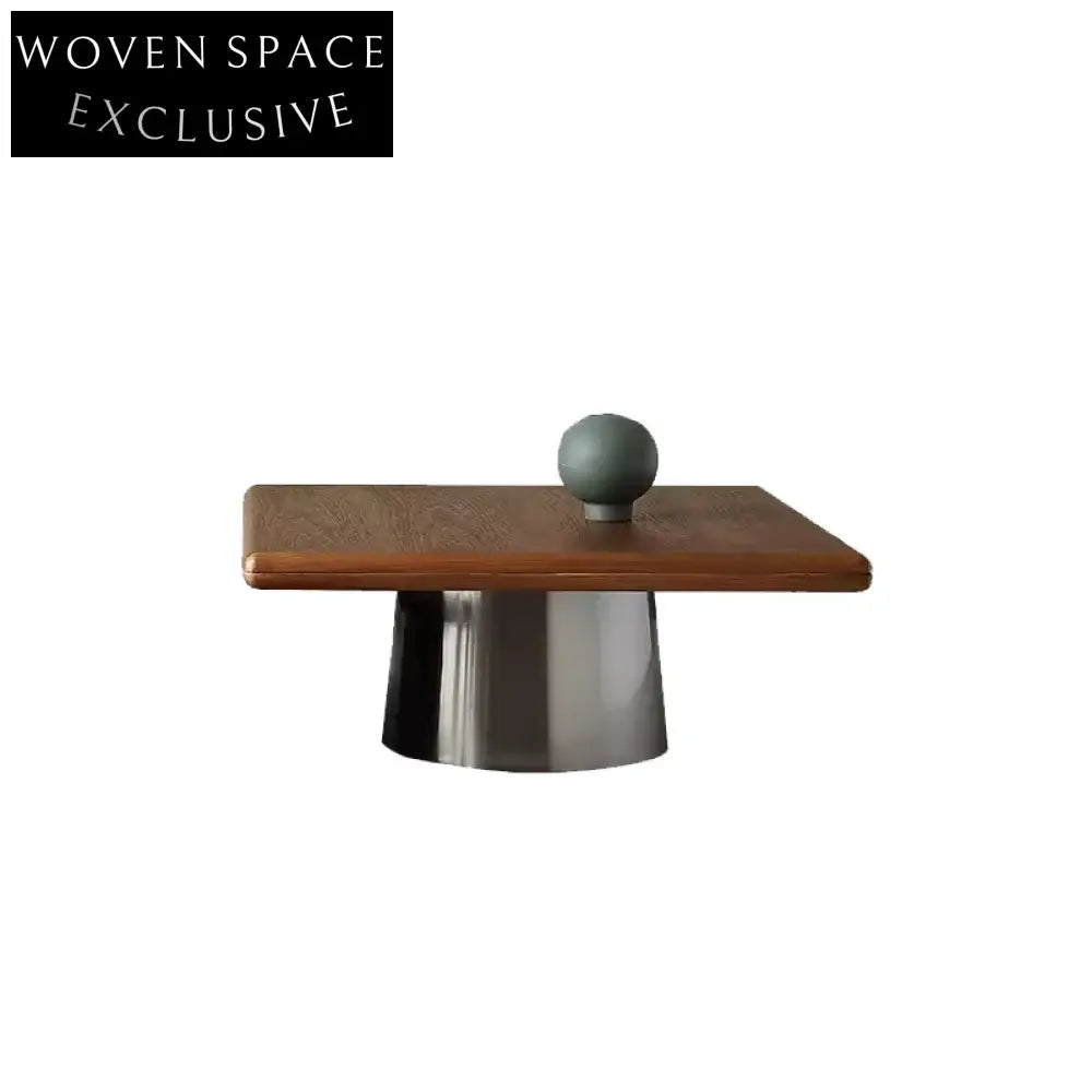 Elegant Natural Wood Square Coffee Table with Modern Stainless Steel Base