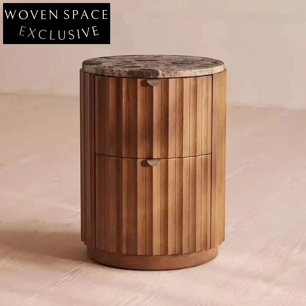 Elegant Nordic Ash Solid Wood Round Nightstand with Marble Top Bedside Table