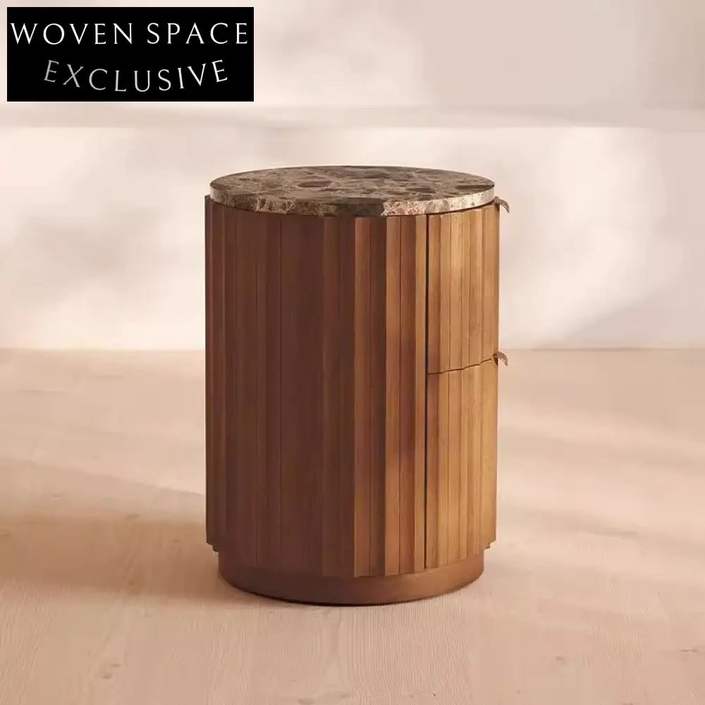 Elegant Nordic Ash Solid Wood Round Nightstand with Marble Top Bedside Table