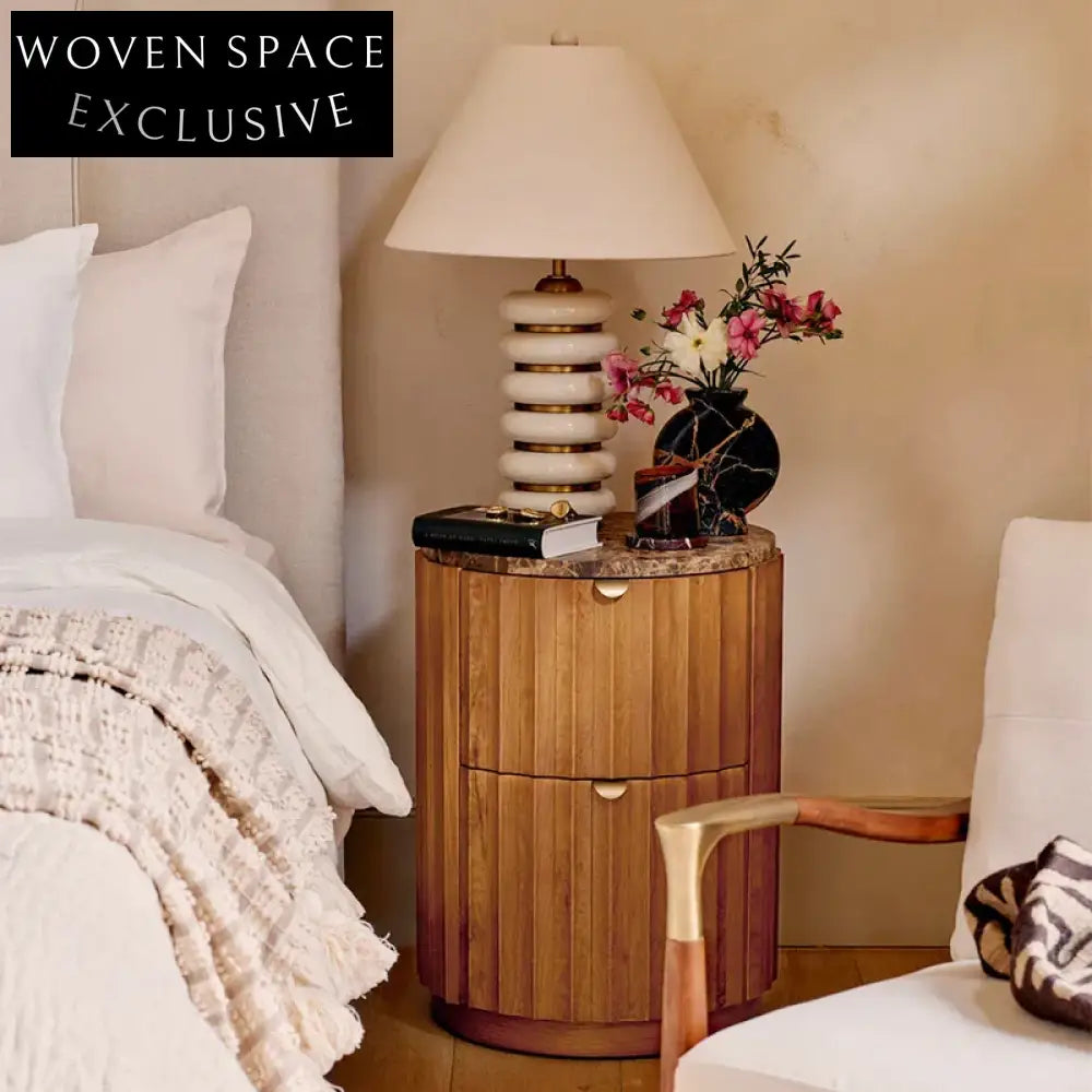 Elegant Nordic Ash Solid Wood Round Nightstand with Marble Top Bedside Table