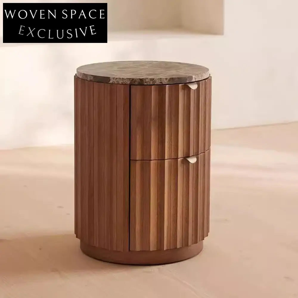 Elegant Nordic Ash Solid Wood Round Nightstand with Marble Top Bedside Table