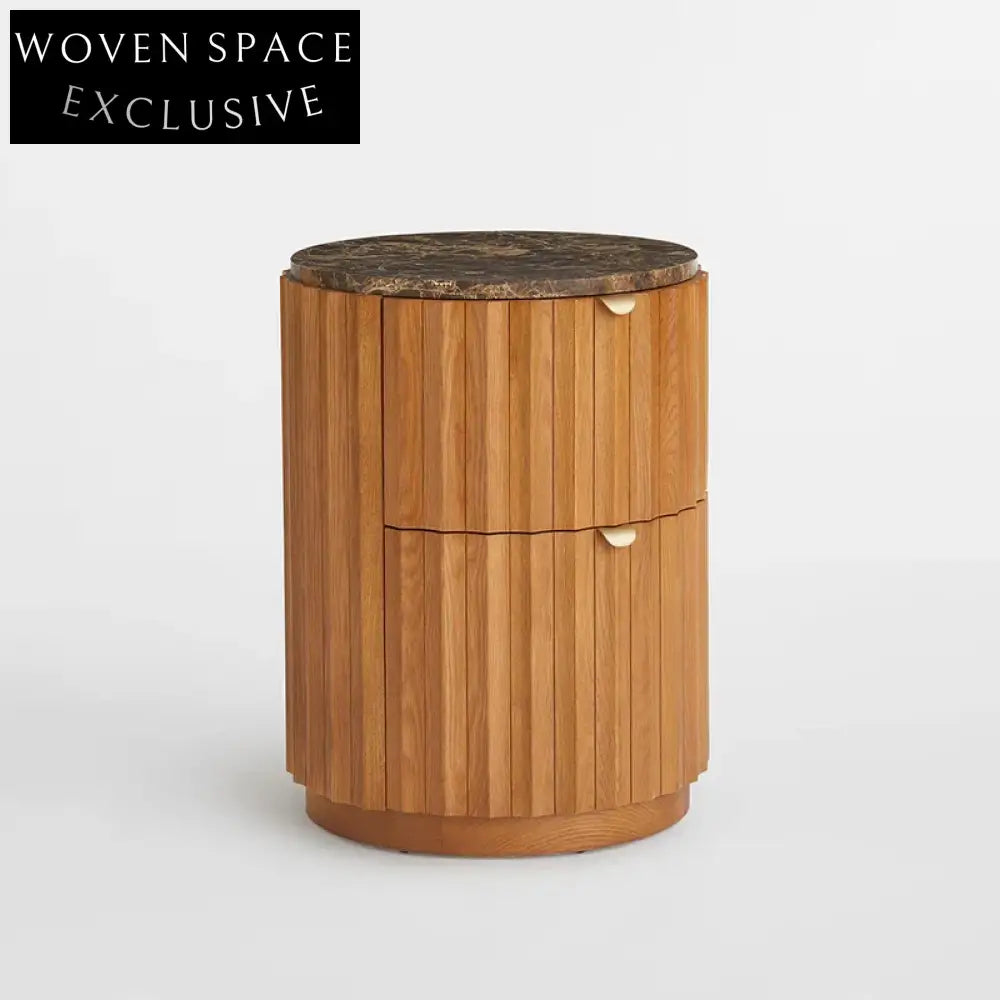 Elegant Nordic Ash Solid Wood Round Nightstand with Marble Top Bedside Table