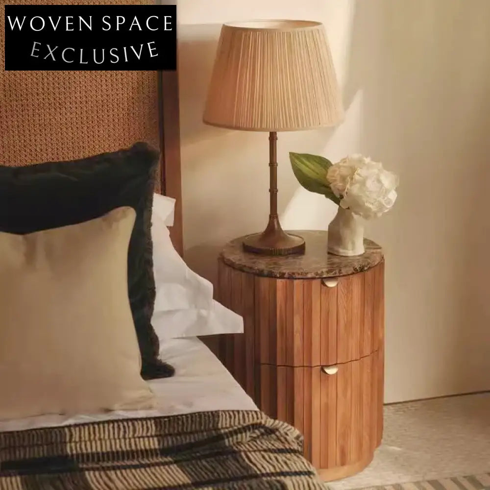 Elegant Nordic Ash Solid Wood Round Nightstand with Marble Top Bedside Table