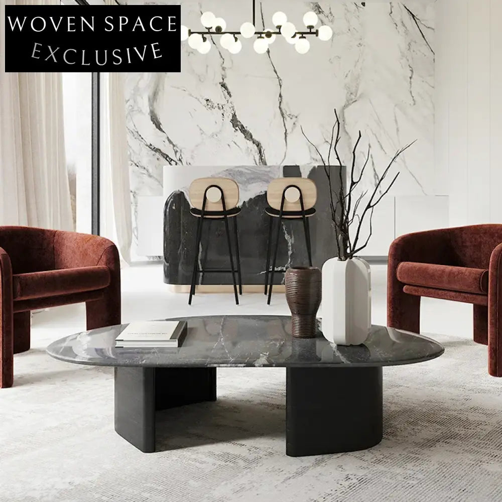 Elegant Nordic Black Marble Solid Wood Round Coffee Table for Living Room