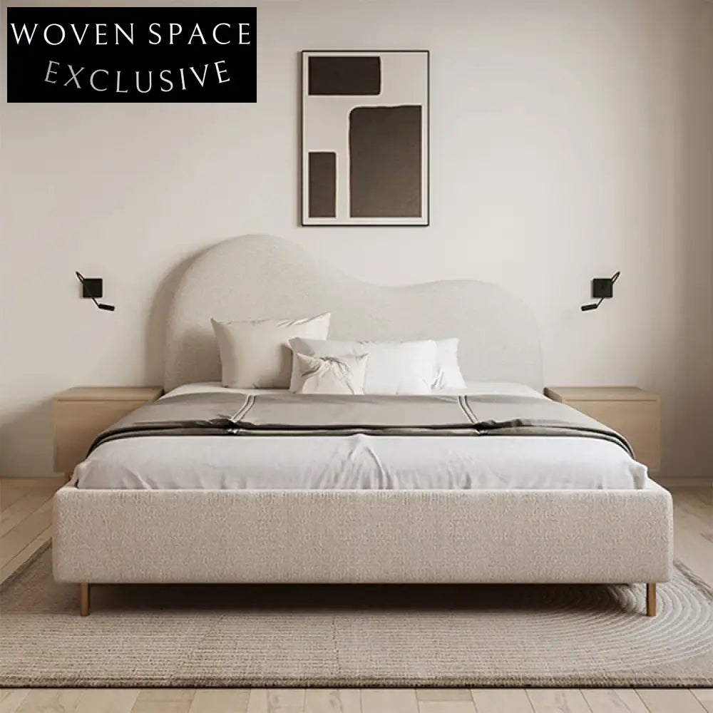 Elegant Nordic Fabric Double Bed, Solid Wood Frame, Plush Upholstered Bedroom Bed