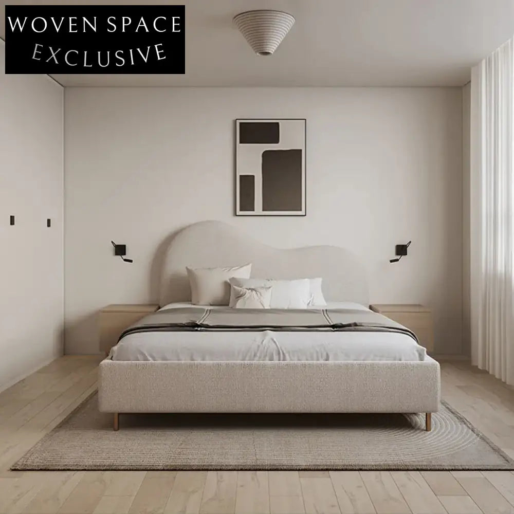 Elegant Nordic Fabric Double Bed, Solid Wood Frame, Plush Upholstered Bedroom Bed