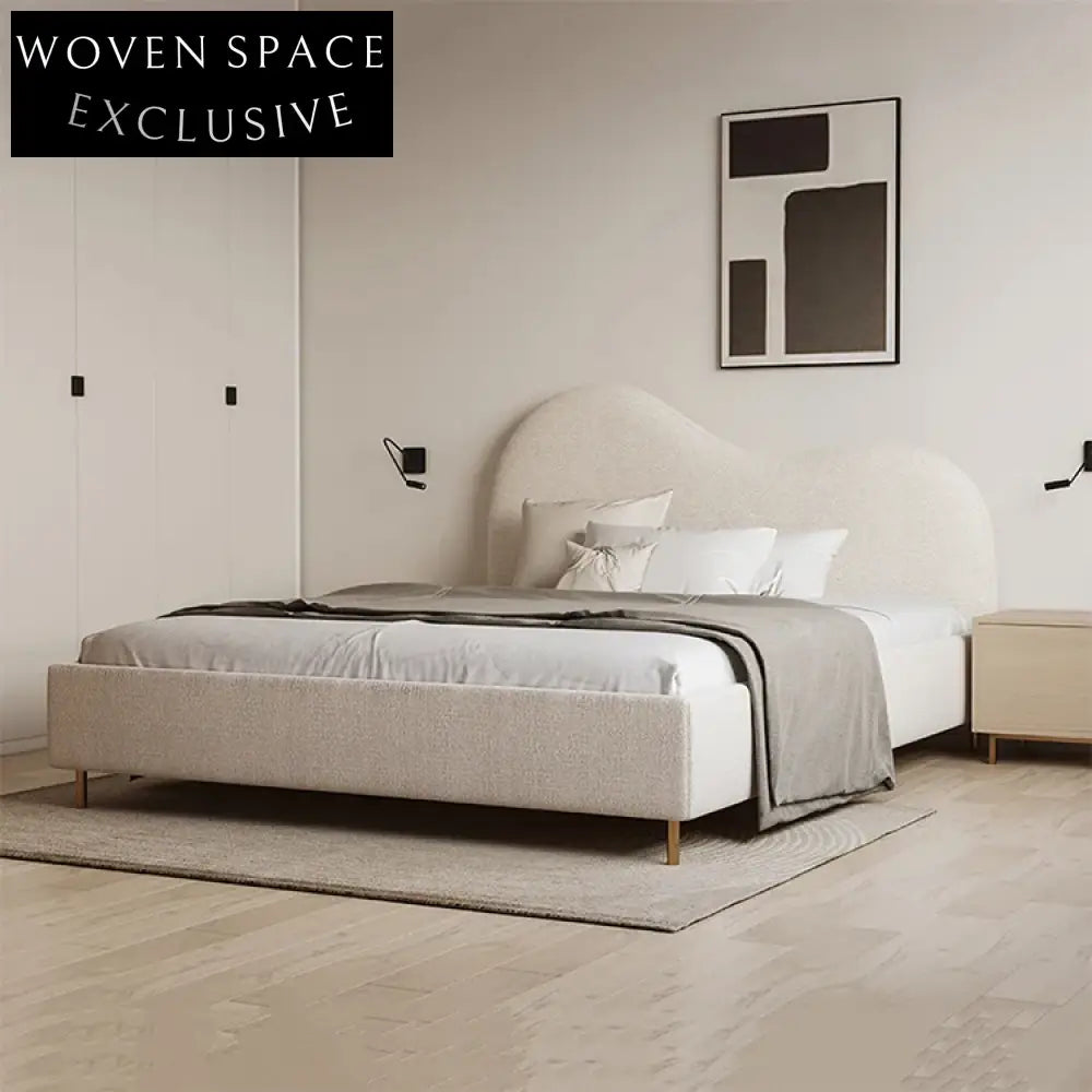 Elegant Nordic Fabric Double Bed, Solid Wood Frame, Plush Upholstered Bedroom Bed