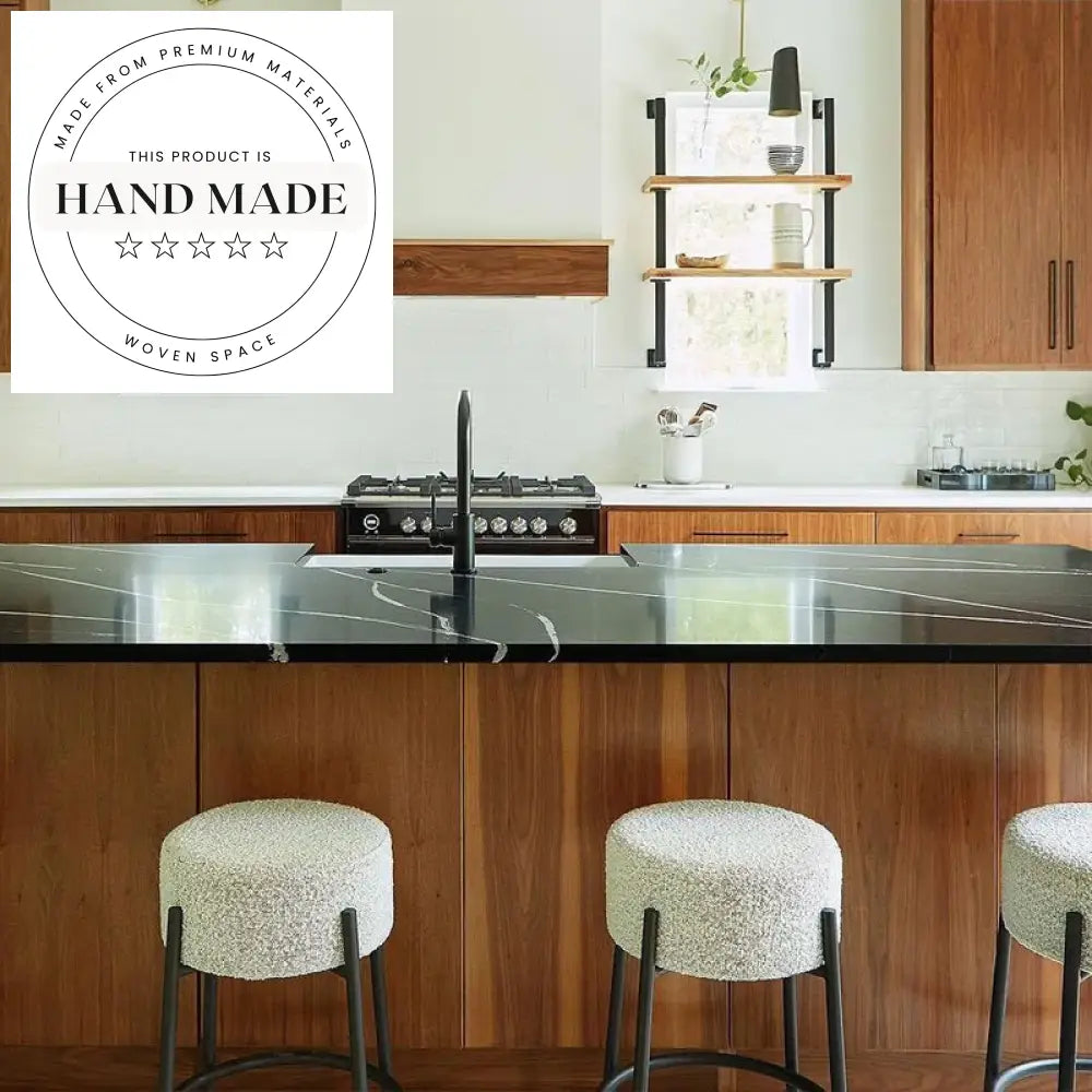 Elegant Nordic Fabric Round High Counter Stool Modern Black Metal Frame Kitchen Bar