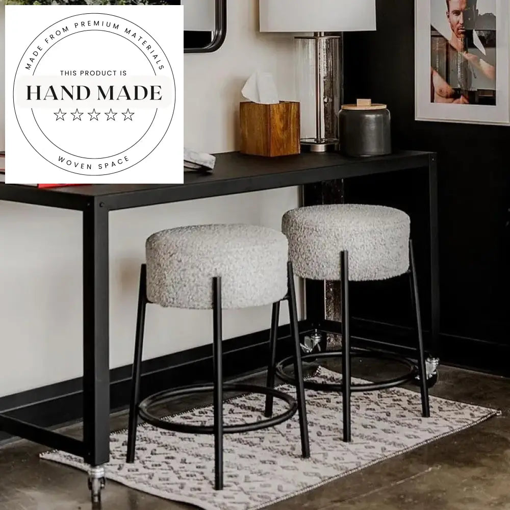Elegant Nordic Fabric Round High Counter Stool Modern Black Metal Frame Kitchen Bar