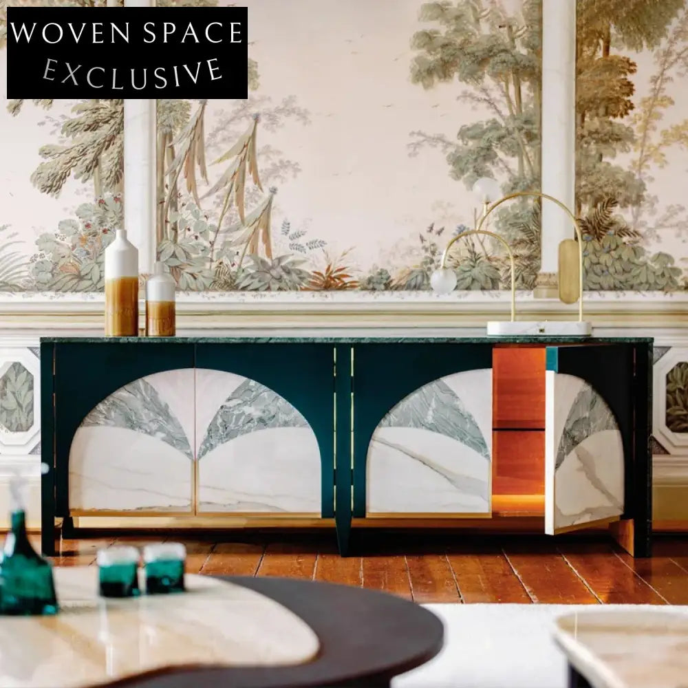 Elegant Nordic Modern Solid Wood Marble Top Living Room Storage Sideboard