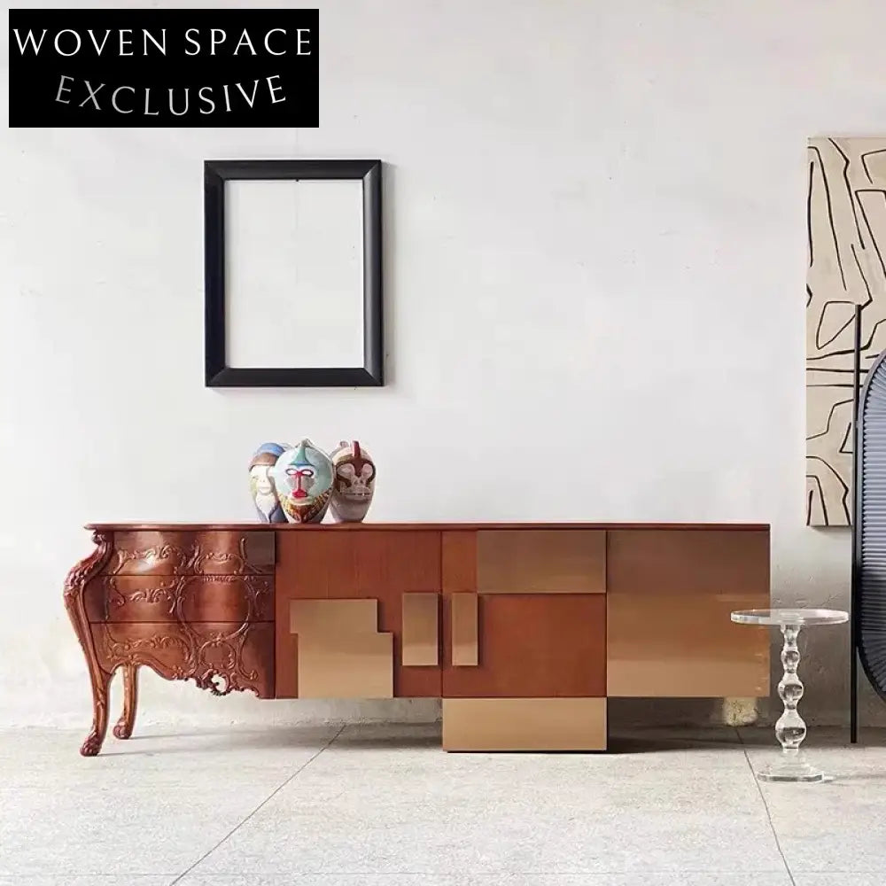 Elegant Nordic Retro Oak Wood Console Table with Brass Accents for Living Room