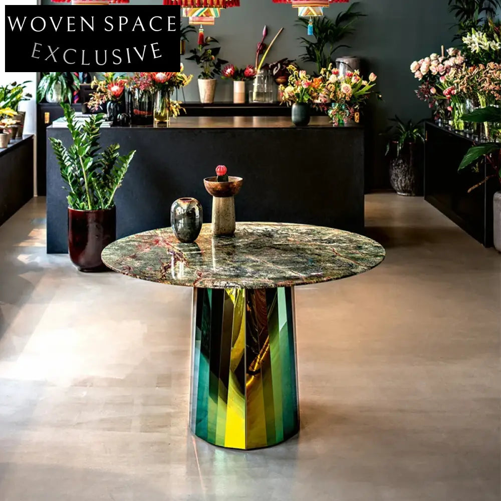 Elegant Nordic Round Dining Table, Slate Top, Mirror Stainless Steel Base