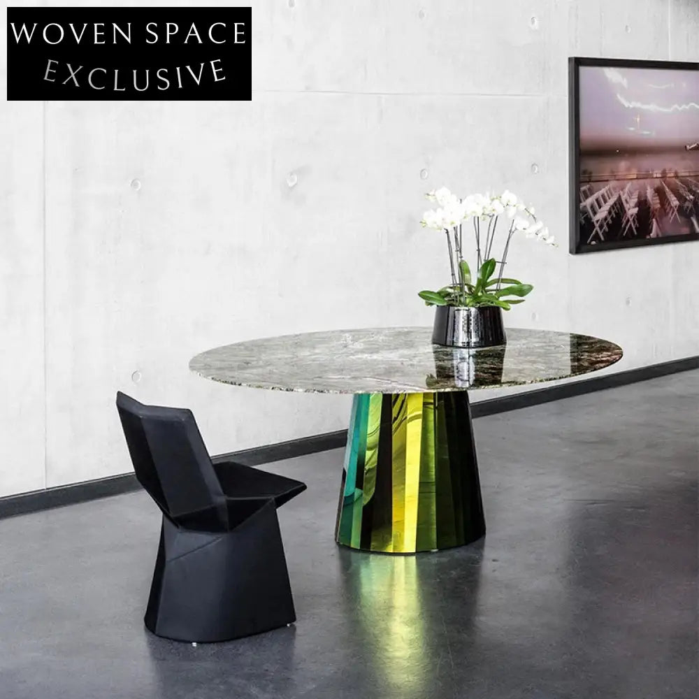 Elegant Nordic Round Dining Table, Slate Top, Mirror Stainless Steel Base