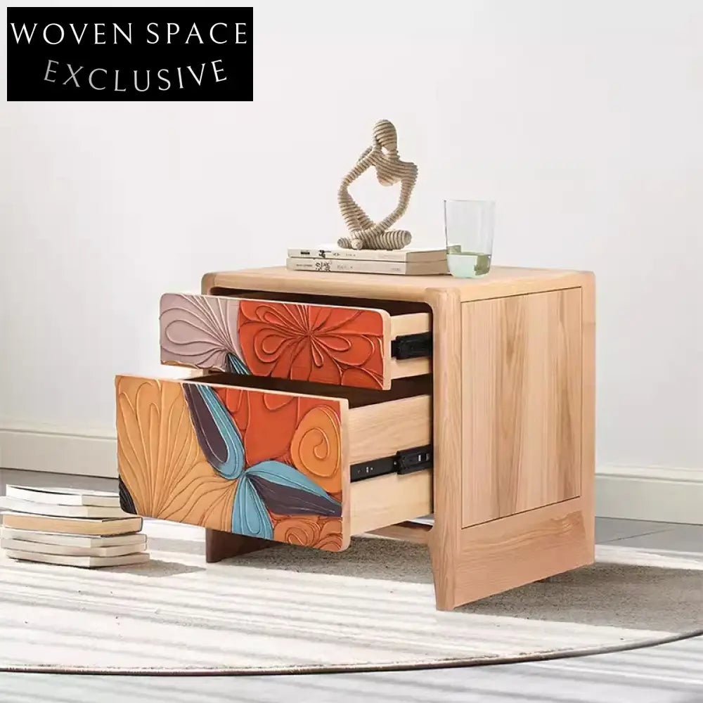 Elegant Nordic Solid Wood Nightstand with Two Storage Drawers for Bedroom