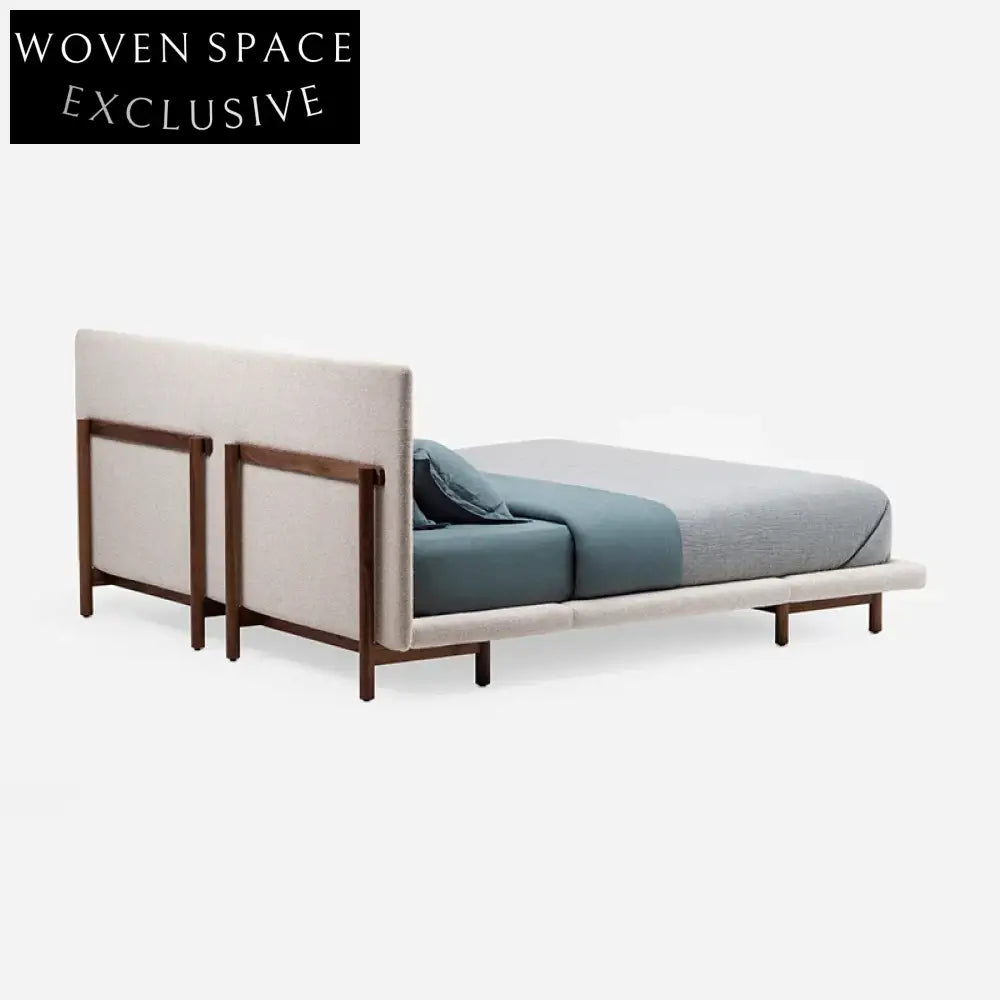 Elegant Nordic Solid Wood Upholstered Bed Frame, White Fabric King Size Bed Frame