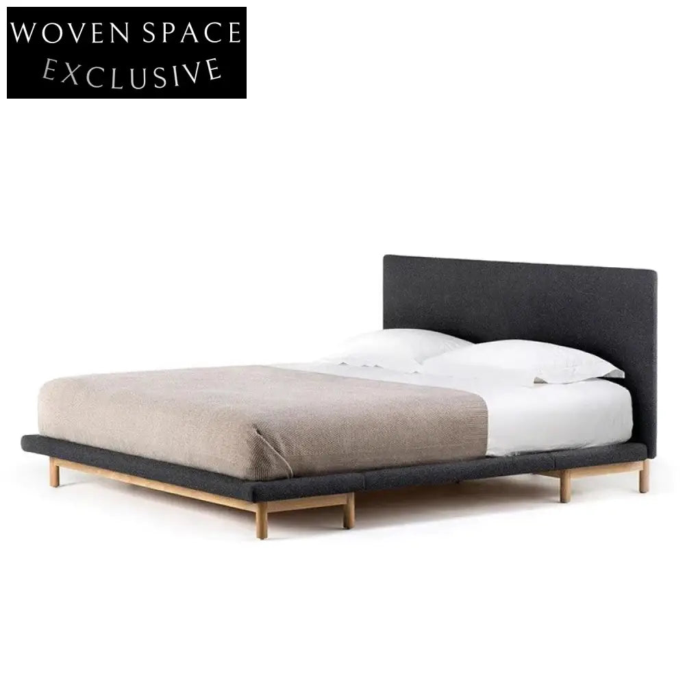 Elegant Nordic Solid Wood Upholstered Bed Frame, White Fabric King Size Bed Frame