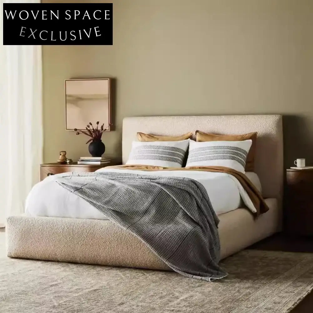 Elegant Nordic Upholstered Fabric King Size Solid Wood Platform Bed