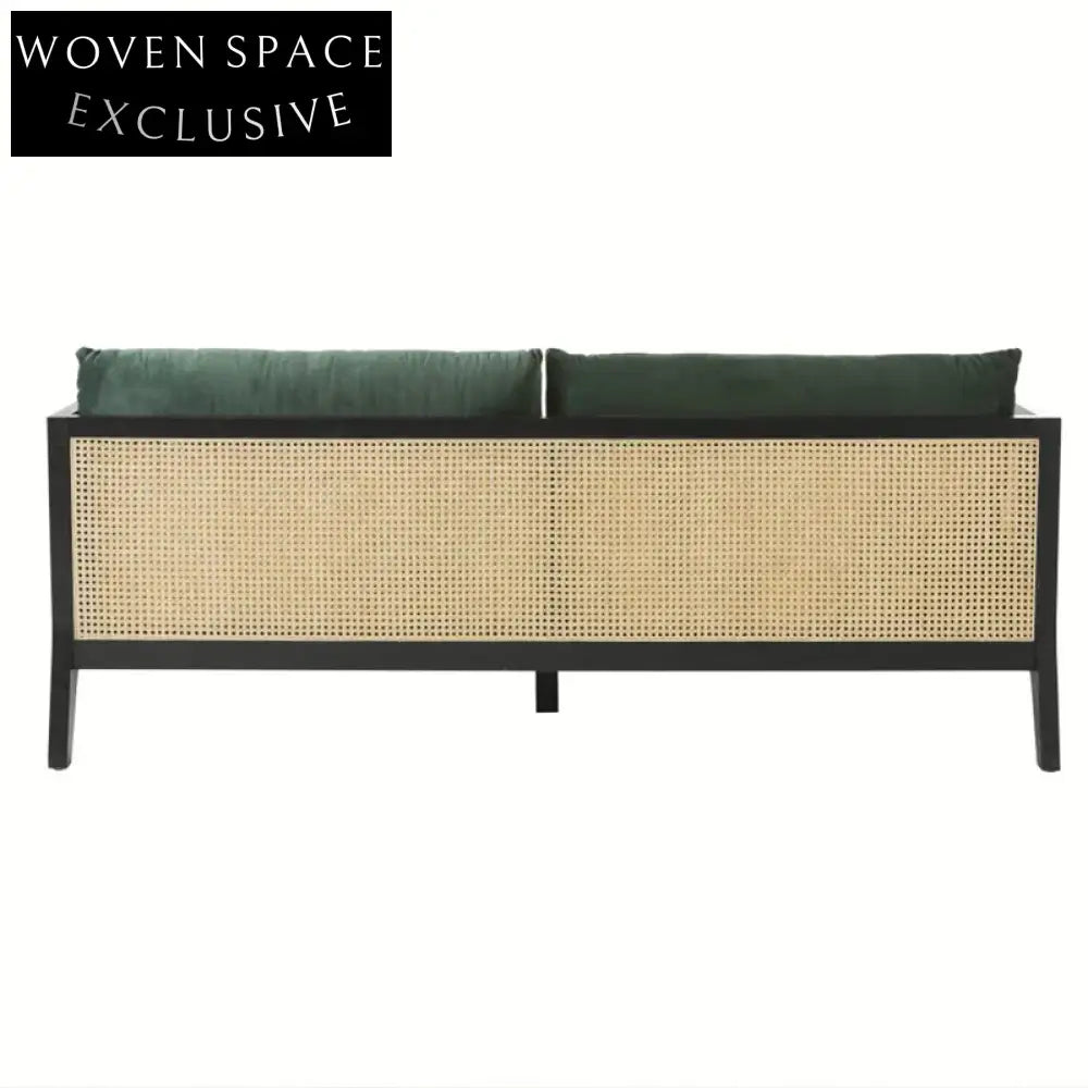 Elegant Oak Cane Back Velvet 3-Seater Sofa | Luxury Living Room Furniture