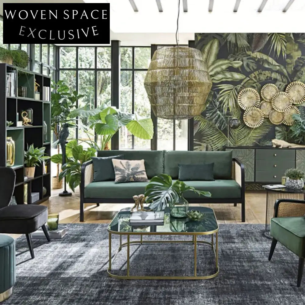 Elegant Oak Cane Back Velvet 3-Seater Sofa | Luxury Living Room Furniture