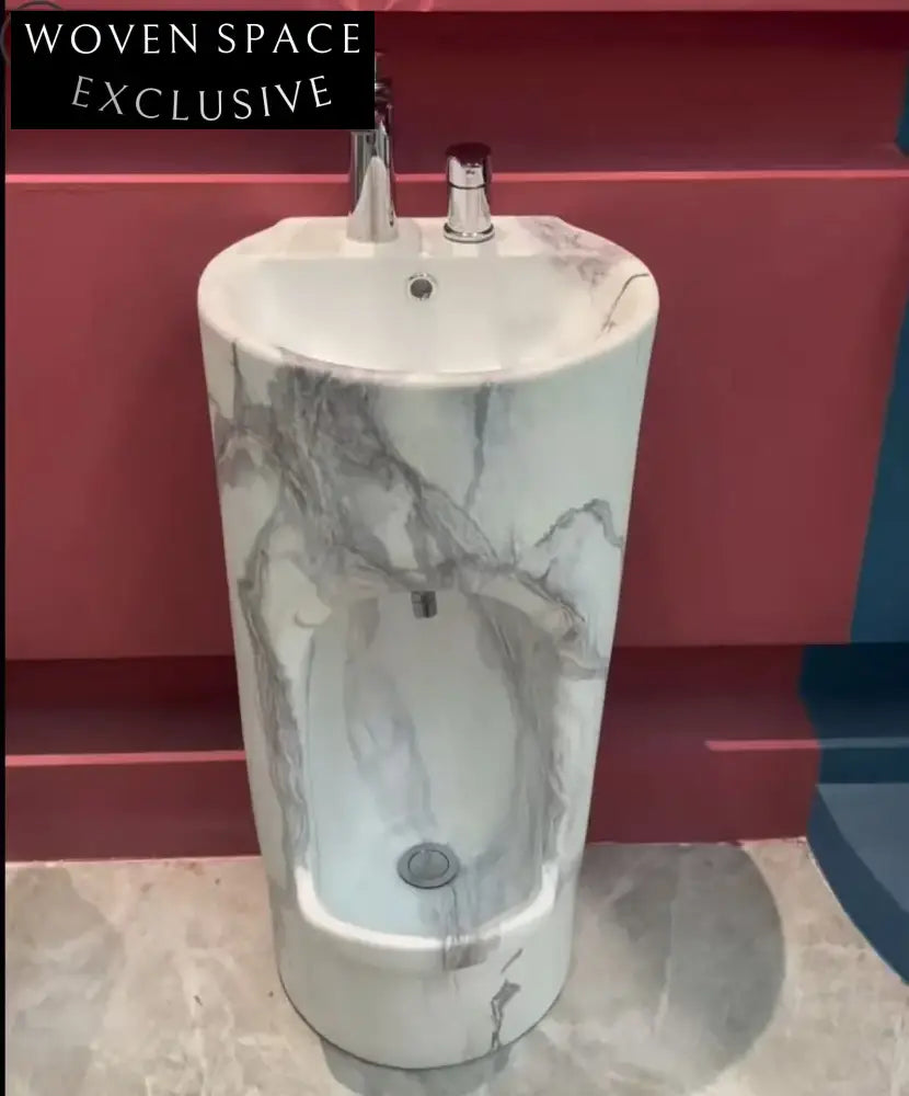 Elegant Oval Gold Marble Ceramic Hand Foot Washing Wudu Pedestal Sink