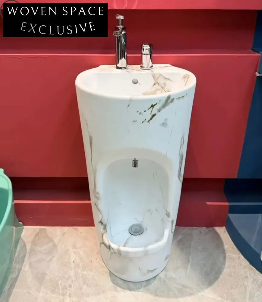 Elegant Oval Gold Marble Ceramic Hand Foot Washing Wudu Pedestal Sink