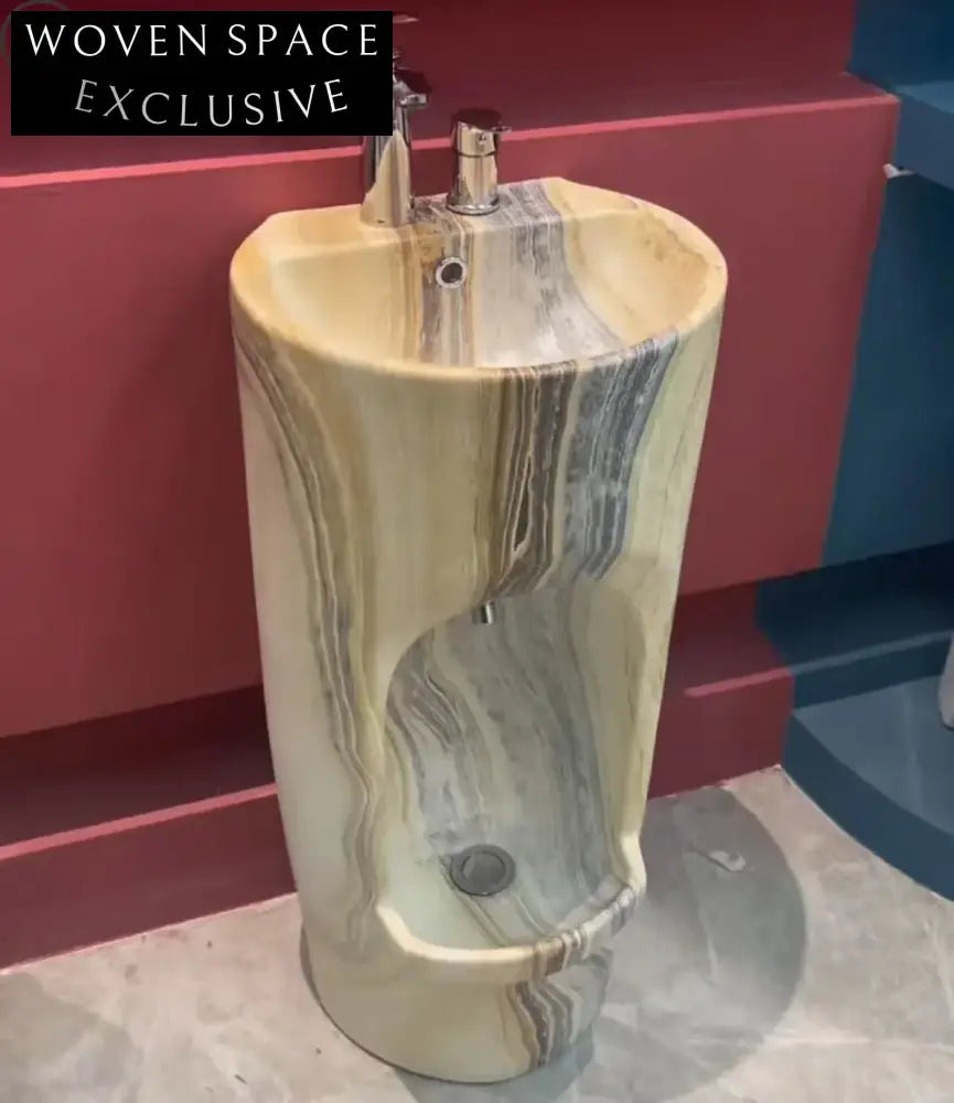 Elegant Oval Gold Marble Ceramic Hand Foot Washing Wudu Pedestal Sink