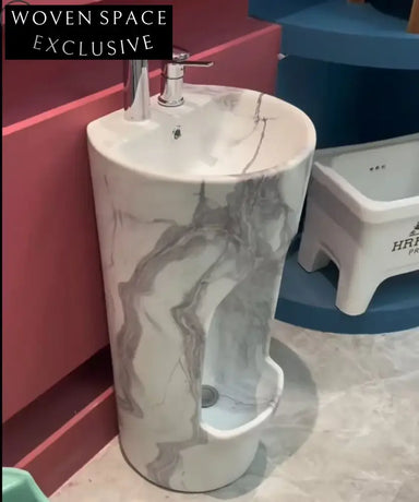 Elegant Oval Gold Marble Ceramic Hand Foot Washing Wudu Pedestal Sink