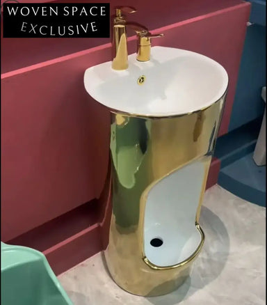 Elegant Oval Gold Marble Ceramic Hand Foot Washing Wudu Pedestal Sink