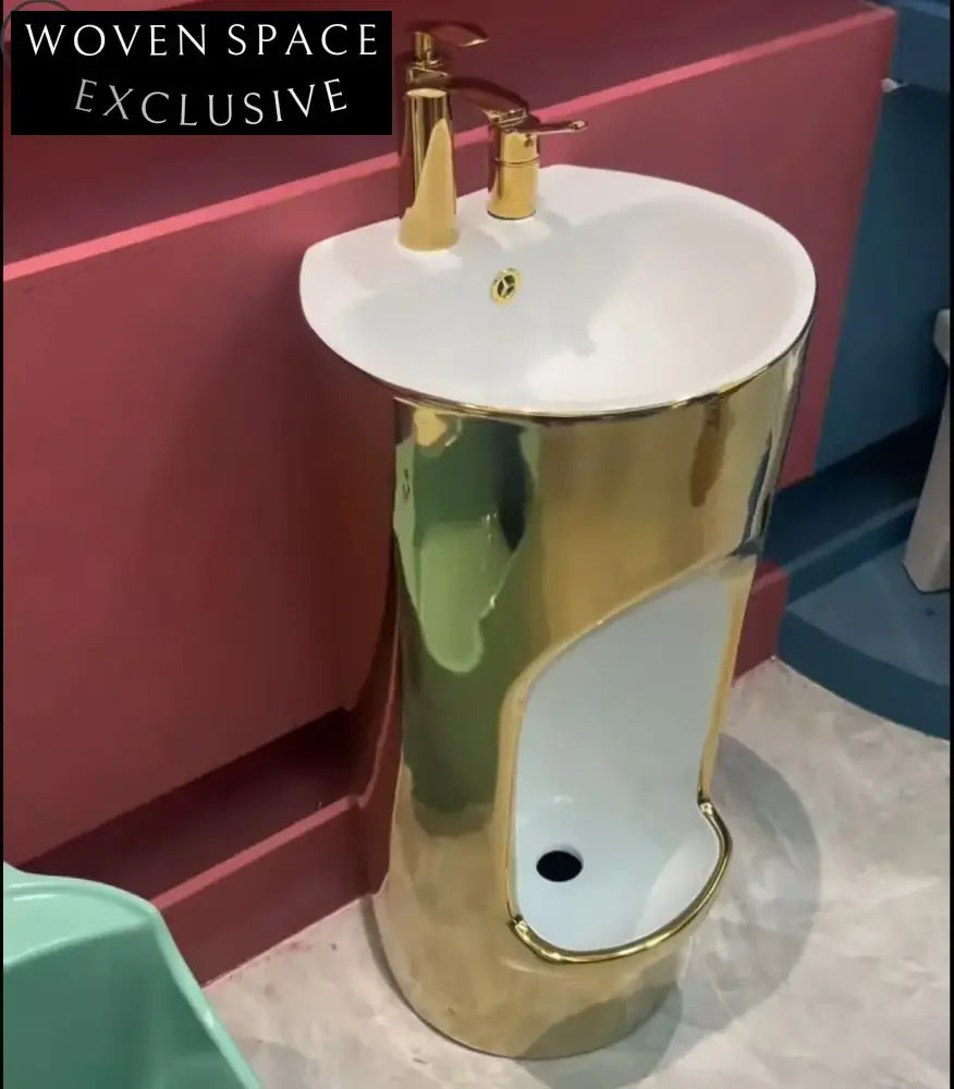 Elegant Oval Gold Marble Ceramic Hand Foot Washing Wudu Pedestal Sink