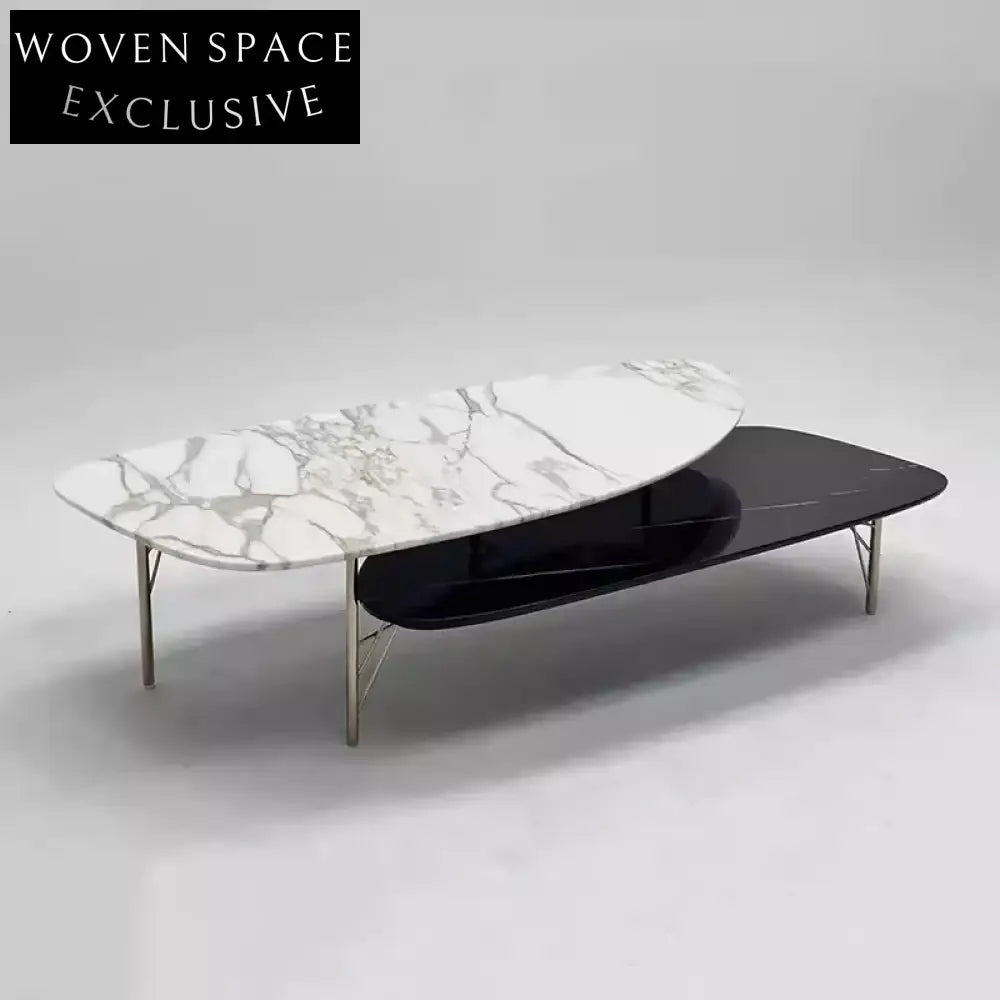 Elegant Oval Natural Marble Top Coffee Table Set, Modern Living Room Accent