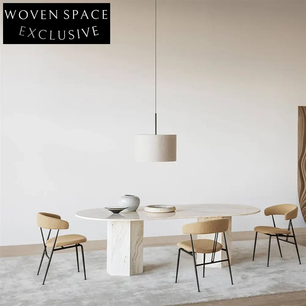 Elegant Oval Natural Marble Top Dining Table with White Column Base