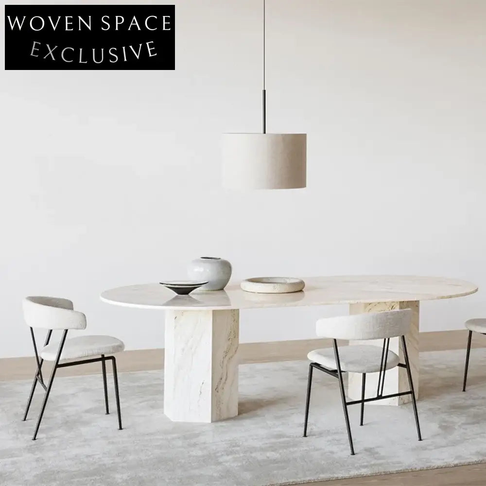 Elegant Oval Natural Marble Top Dining Table with White Column Base