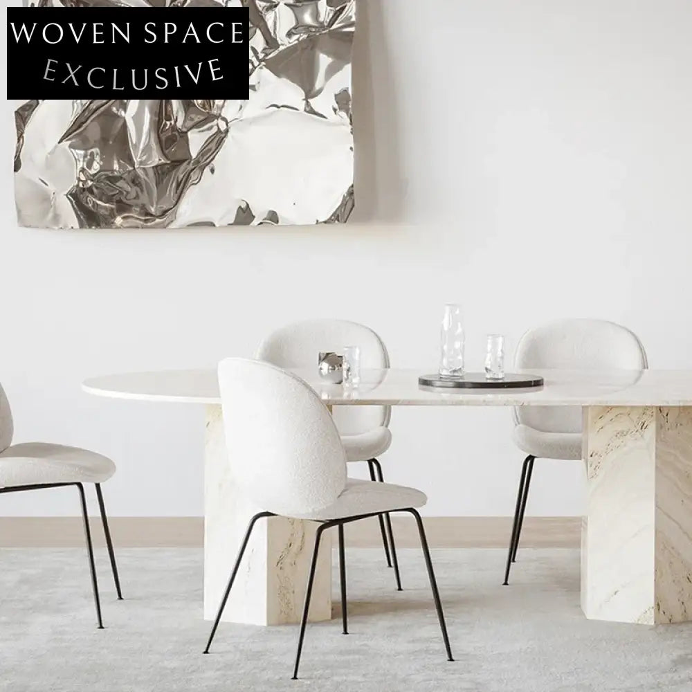 Elegant Oval Natural Marble Top Dining Table with White Column Base