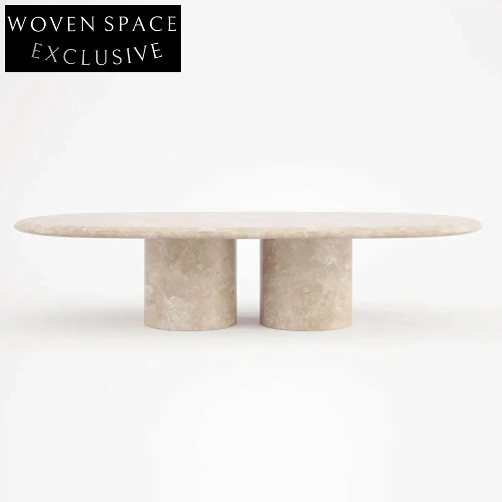 Elegant Oval Travertine Coffee Table with Dual Pedestal Base for Living Rooms