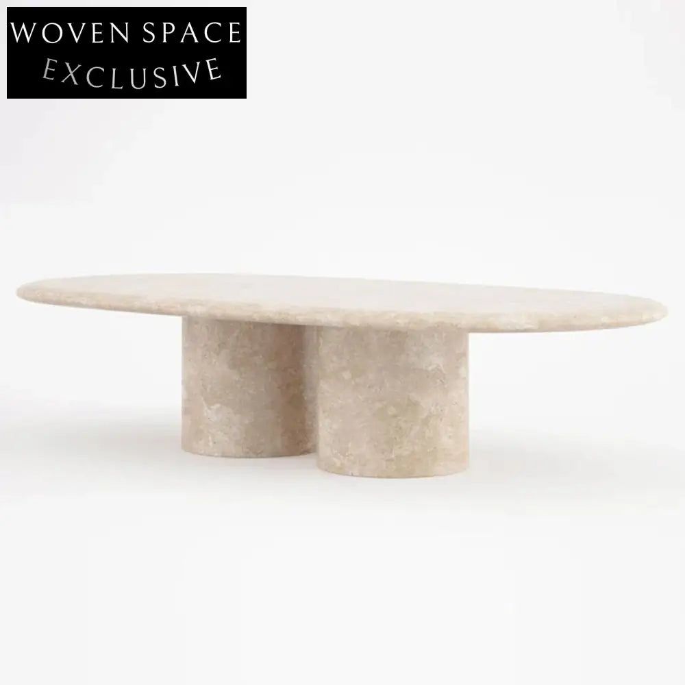 Elegant Oval Travertine Coffee Table with Dual Pedestal Base for Living Rooms
