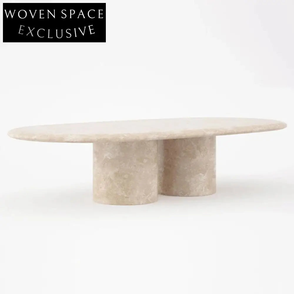 Elegant Oval Travertine Coffee Table with Dual Pedestal Base for Living Rooms