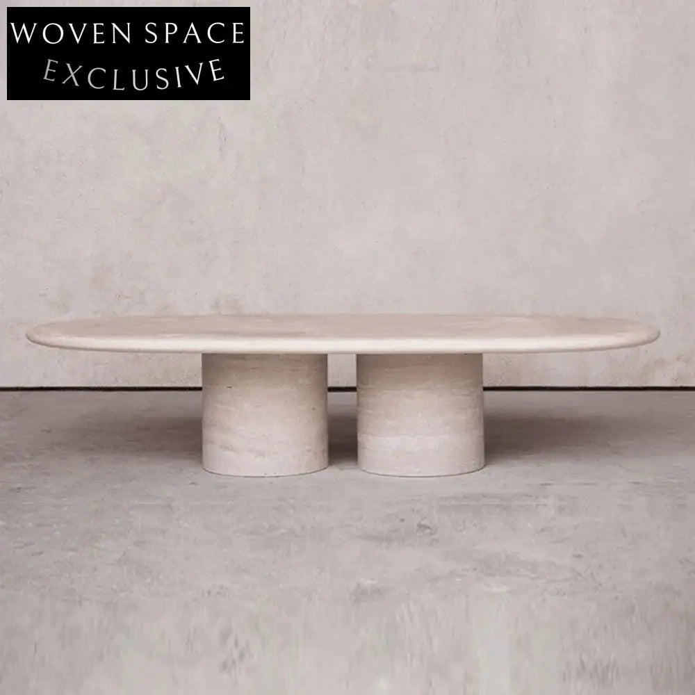 Elegant Oval Travertine Coffee Table with Dual Pedestal Base for Living Rooms