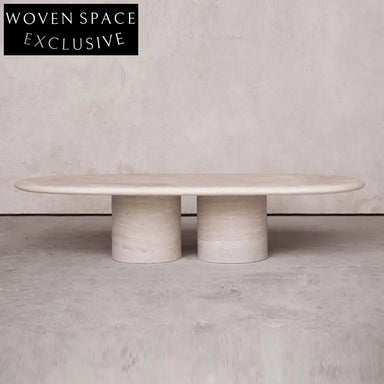 Elegant Oval Travertine Coffee Table with Dual Pedestal Base for Living Rooms