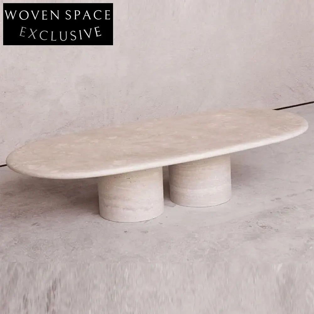 Elegant Oval Travertine Coffee Table with Dual Pedestal Base for Living Rooms