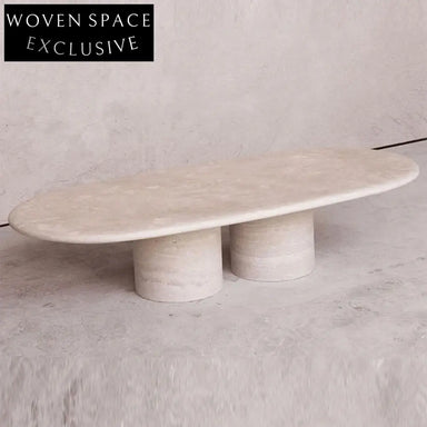 Elegant Oval Travertine Coffee Table with Dual Pedestal Base for Living Rooms