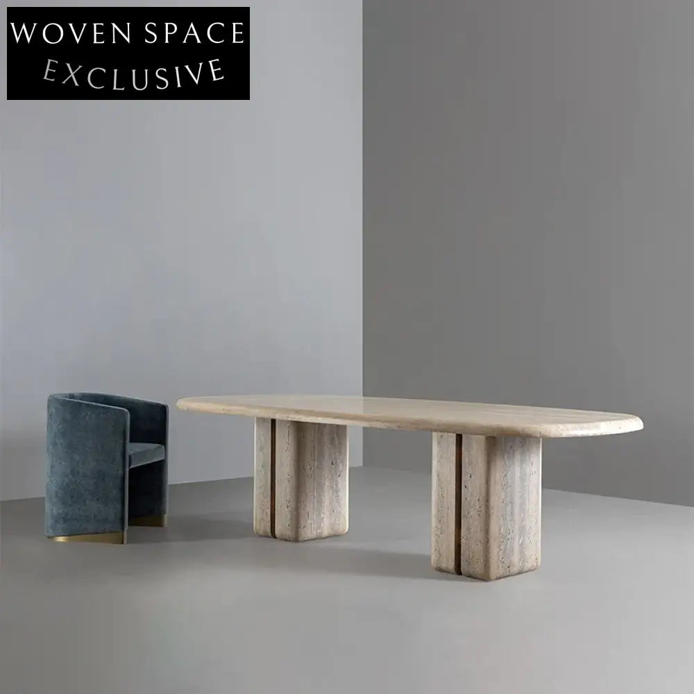 Elegant Oval Travertine Dining Table Set with 8 Seats for Dining