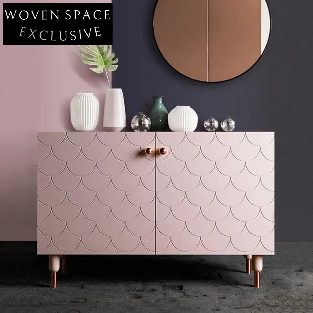 Elegant Pink Fish Scale Nordic Solid Wood Storage Cabinet for Living Room