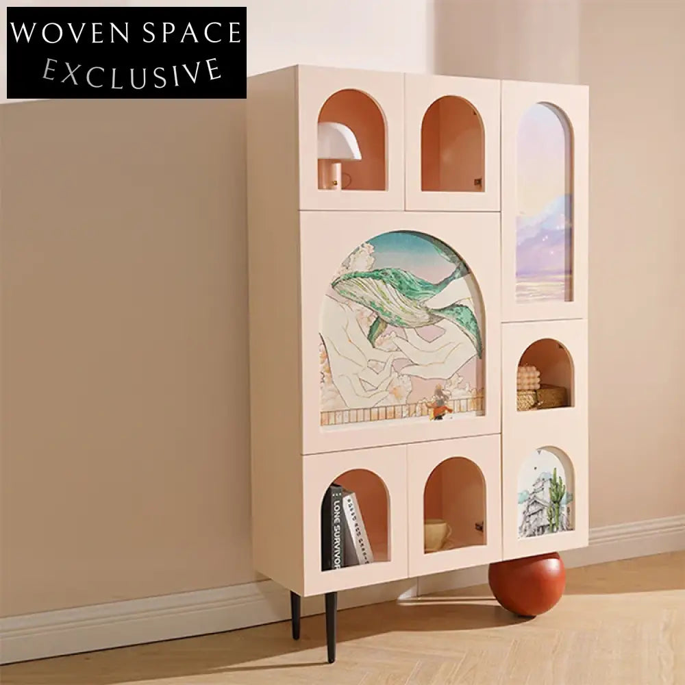 Elegant Pink Wood Glass Living Room Side Cabinet with Open Shelving Design