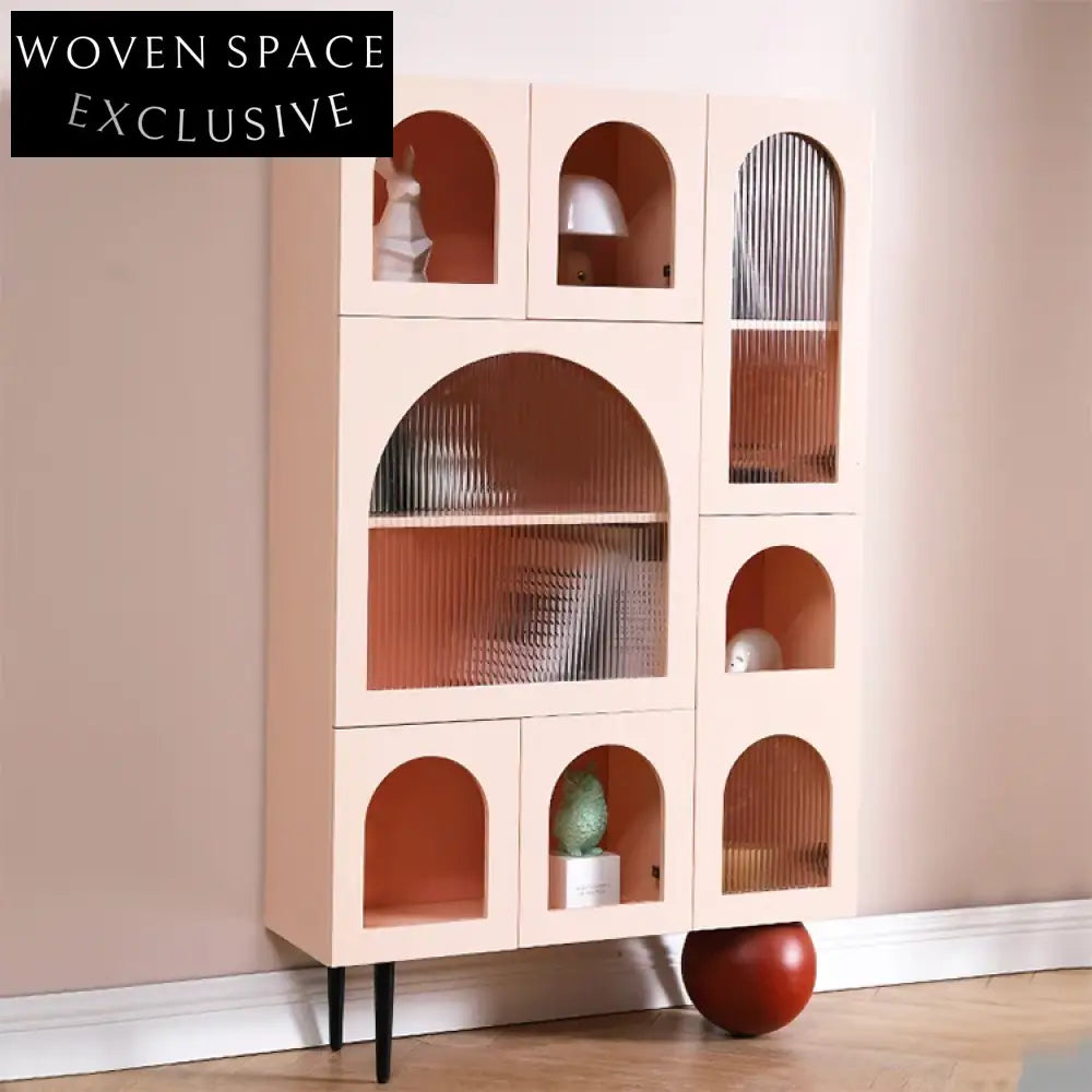 Elegant Pink Wood Glass Living Room Side Cabinet with Open Shelving Design