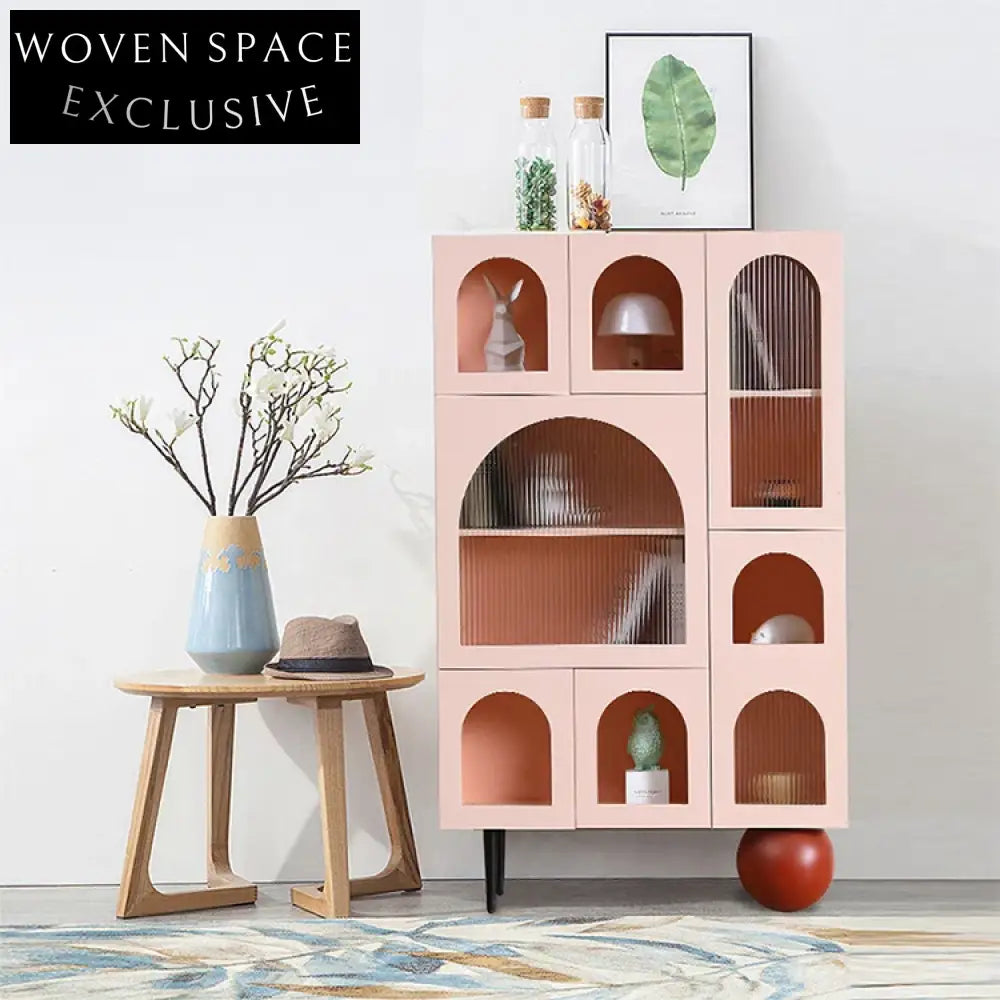 Elegant Pink Wood Glass Living Room Side Cabinet with Open Shelving Design