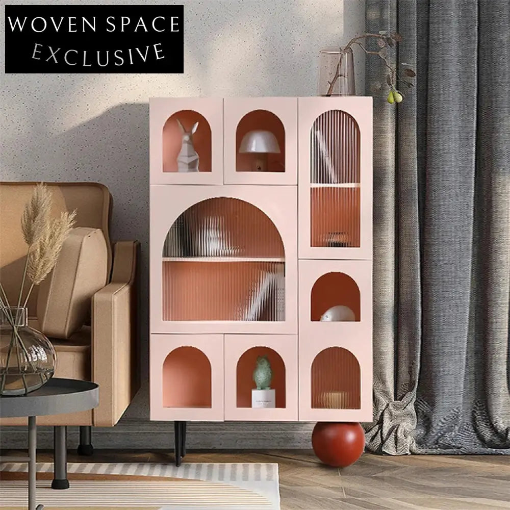 Elegant Pink Wood Glass Living Room Side Cabinet with Open Shelving Design