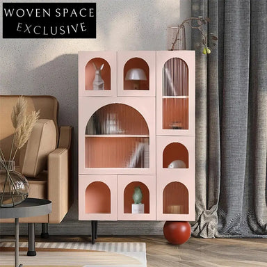 Elegant Pink Wood Glass Living Room Side Cabinet with Open Shelving Design