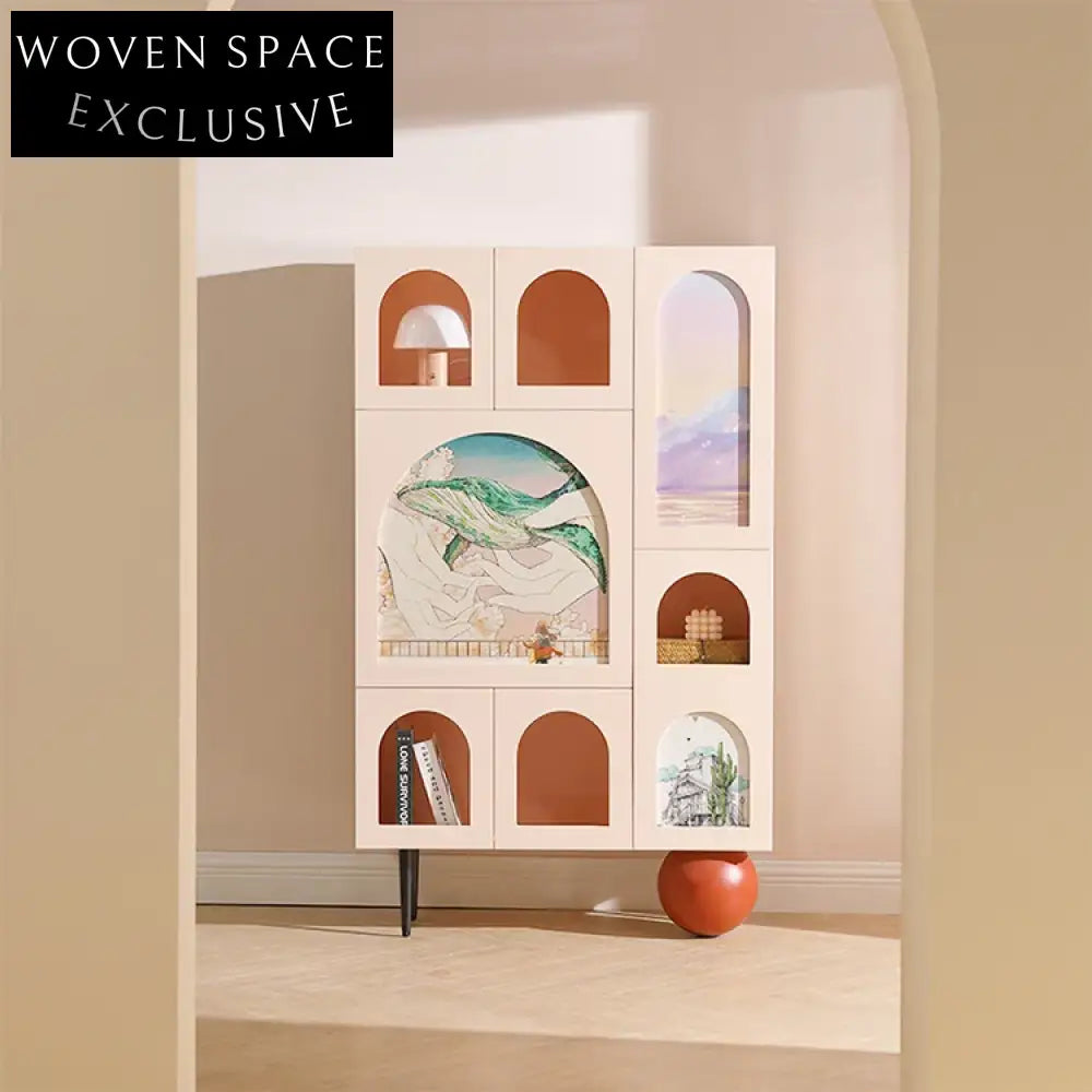 Elegant Pink Wood Glass Living Room Side Cabinet with Open Shelving Design