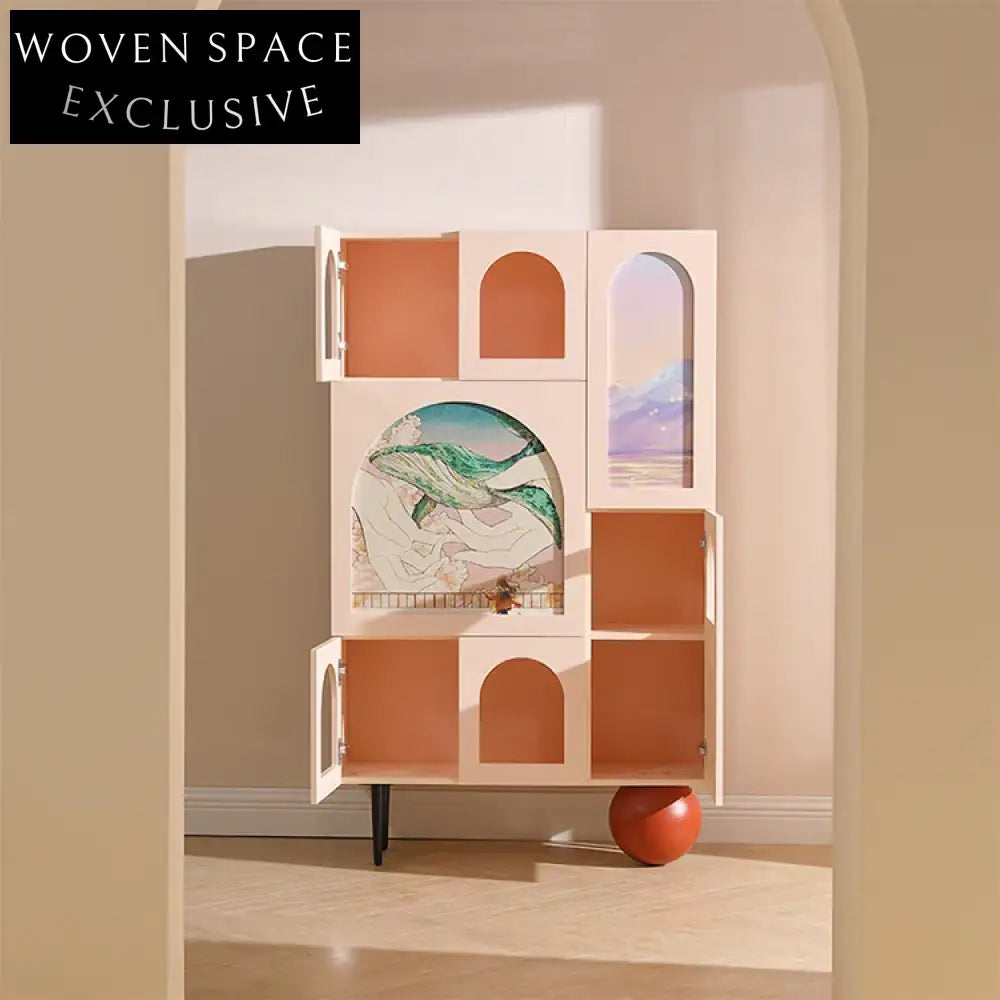 Elegant Pink Wood Glass Living Room Side Cabinet with Open Shelving Design