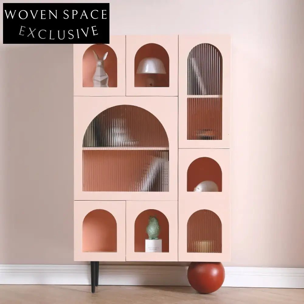 Elegant Pink Wood Glass Living Room Side Cabinet with Open Shelving Design